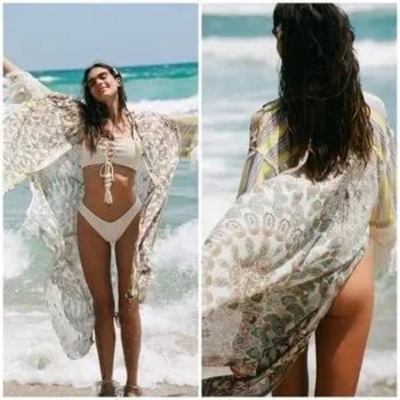 Free People Watching Waves Maxi Shirt Cover-up Oversized Aquamarine Boho Size XS - Picture 3 of 14